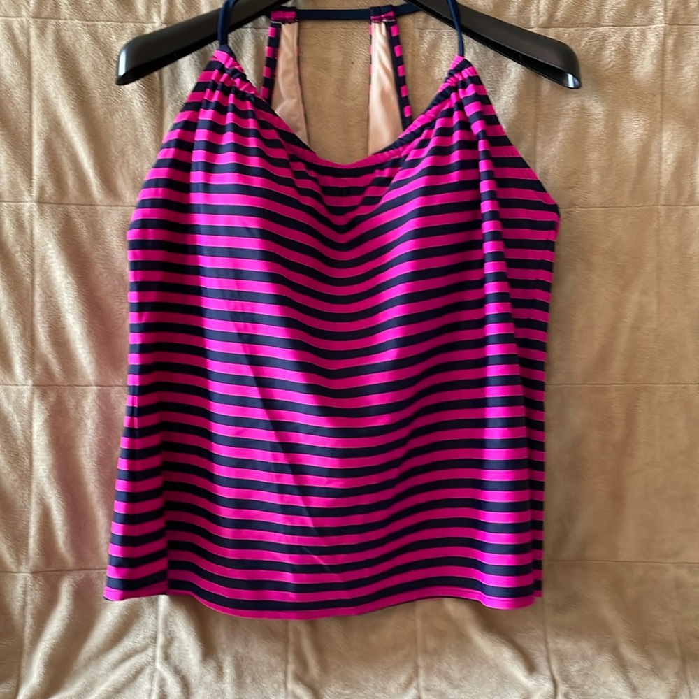 Tankini top - pink and navy striped.